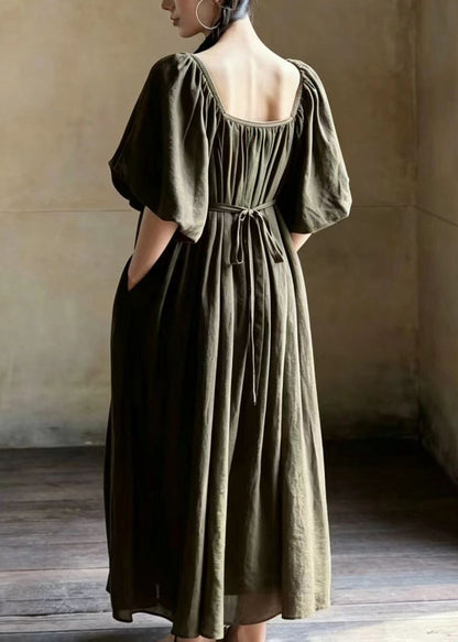 Women Dark Green Square Collar Embroidered Vacation Dresses Puff Sleeve