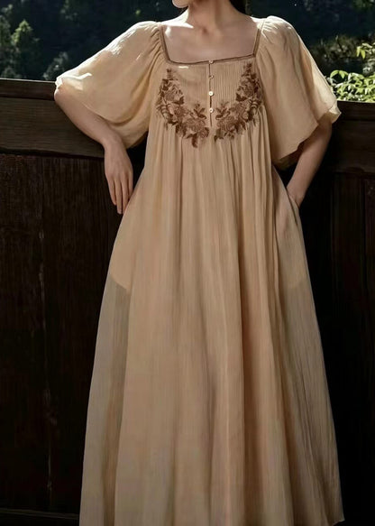 Women Dark Green Square Collar Embroidered Vacation Dresses Puff Sleeve
