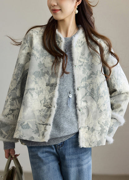 Women Dark Grey Jacquard Patchwork Faux Fur Cotton Oriental Coats Winter