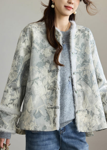 Women Dark Grey Jacquard Patchwork Faux Fur Cotton Oriental Coats Winter