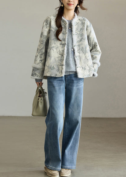 Women Dark Grey Jacquard Patchwork Faux Fur Cotton Oriental Coats Winter