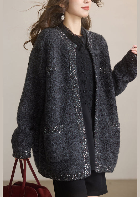Women Dark Grey O Neck Sequins Woolen Cardigans Winter