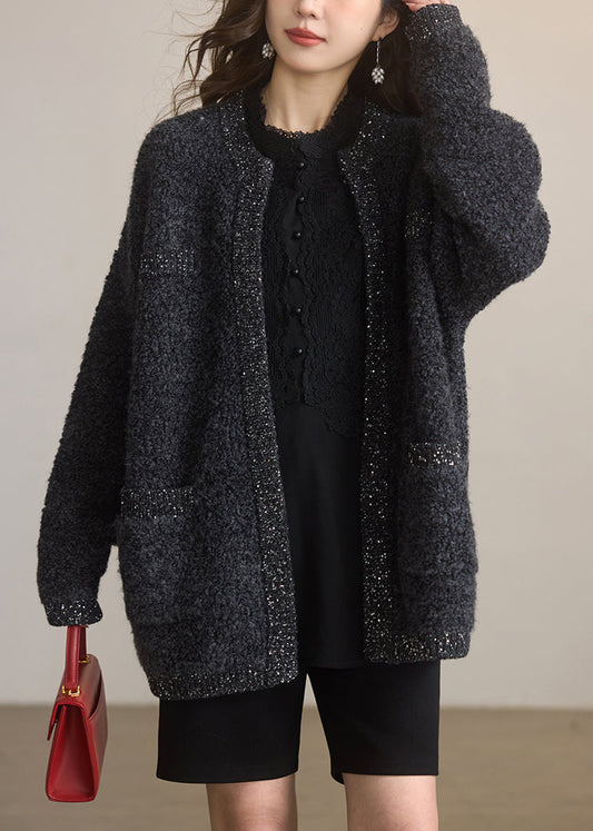 Women Dark Grey O Neck Sequins Woolen Cardigans Winter