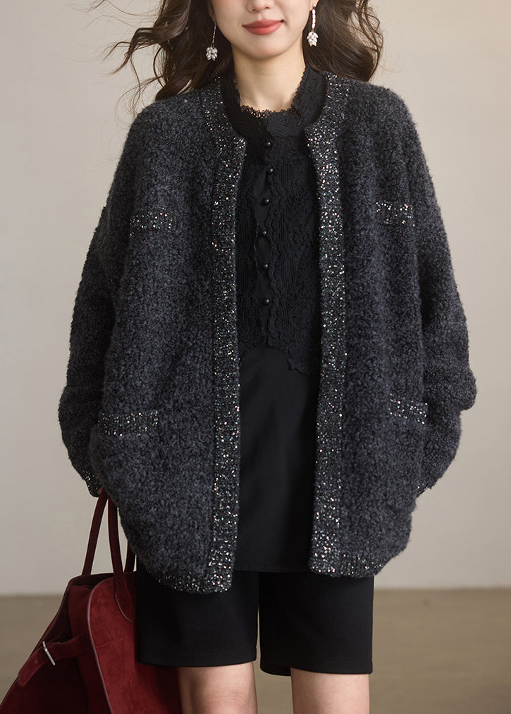 Women Dark Grey O Neck Sequins Woolen Cardigans Winter