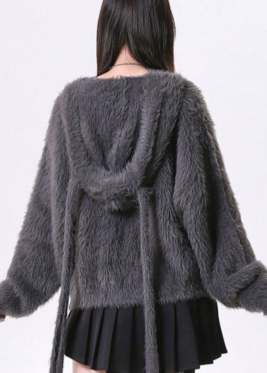 Women Dark Grey Oversized Bow Knit Rabbit Ears Hoodies Outwear Spring