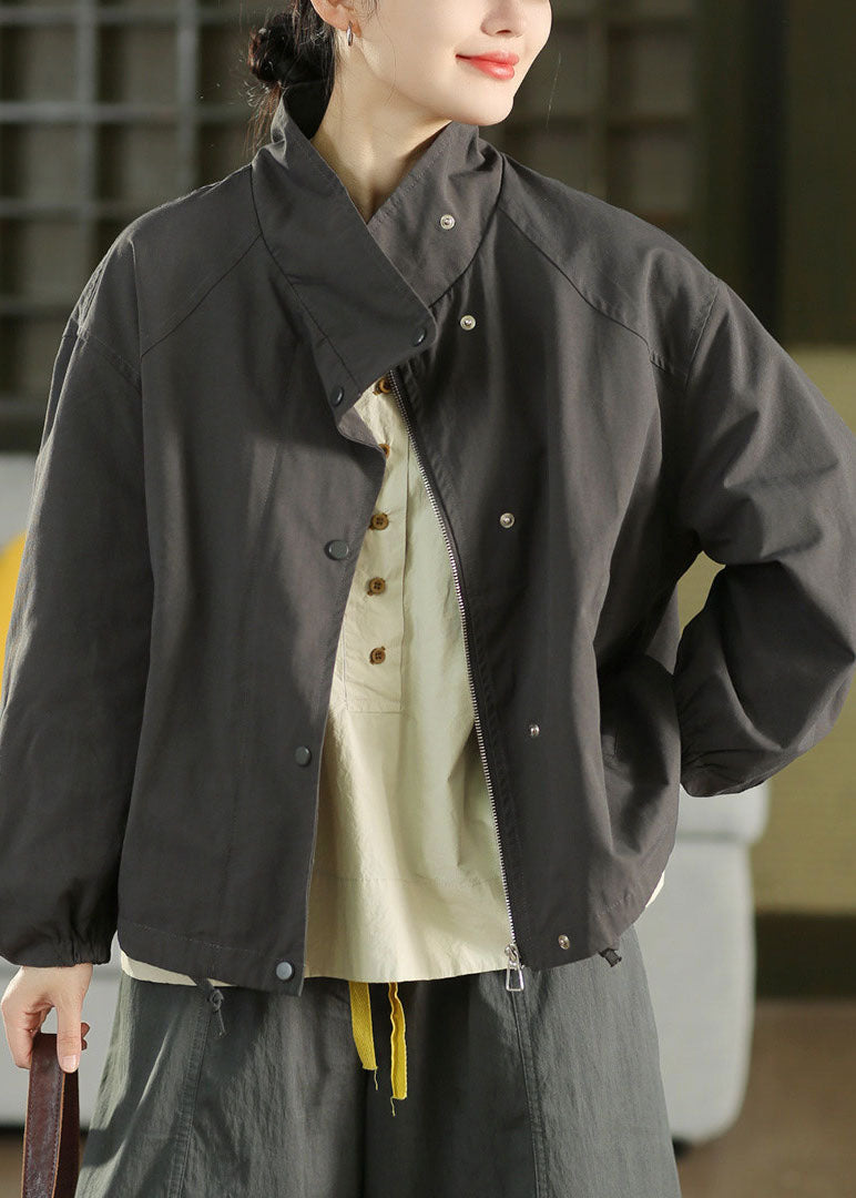 Women Dark Grey Oversized Pockets Cotton Trench Fall