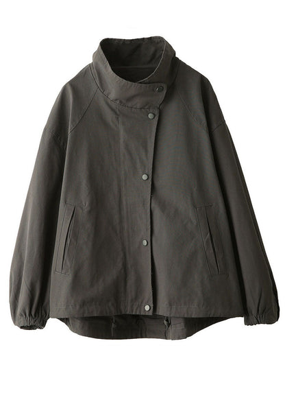 Women Dark Grey Oversized Pockets Cotton Trench Fall
