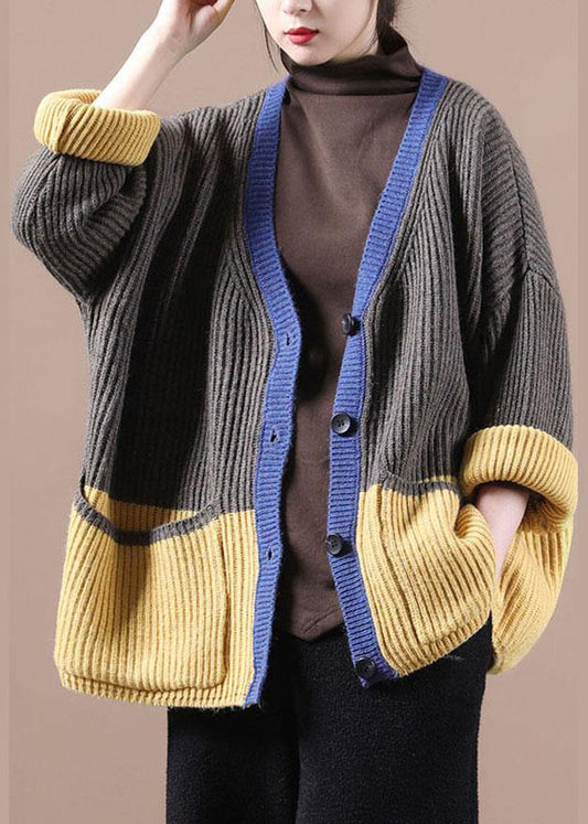Women Dark Grey Pockets Colorblock Button Fall Sweater Jackets - SooLinen