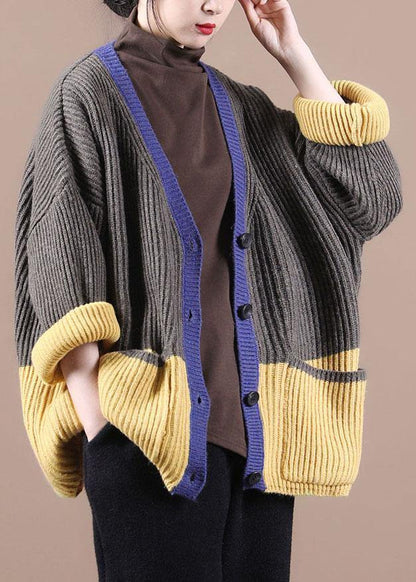 Women Dark Grey Pockets Colorblock Button Fall Sweater Jackets - SooLinen