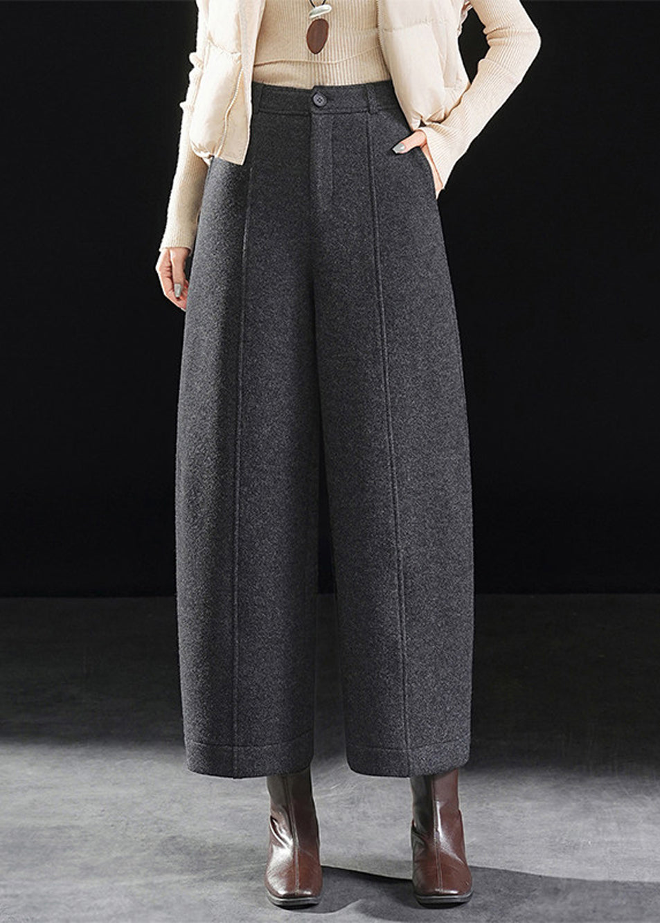 Women Dark Grey Pockets Woolen Straight Crop Pants Fall