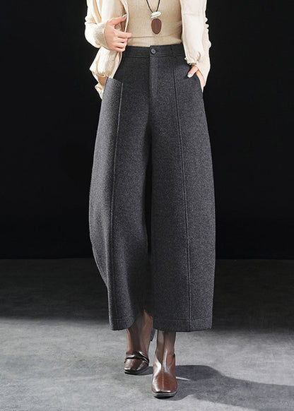 Women Dark Grey Pockets Woolen Straight Crop Pants Fall