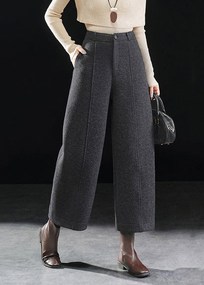 Women Dark Grey Pockets Woolen Straight Crop Pants Fall