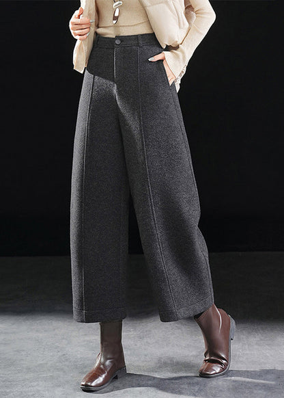 Women Dark Grey Pockets Woolen Straight Crop Pants Fall