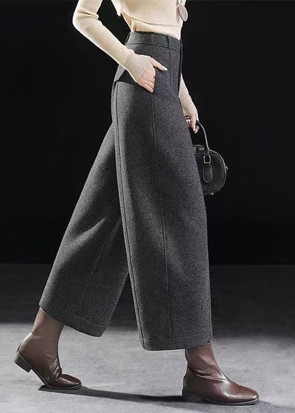 Women Dark Grey Pockets Woolen Straight Crop Pants Fall