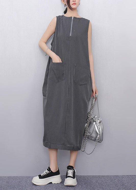 Women Dark Grey Striped Pockets Long Dresses Sleeveless