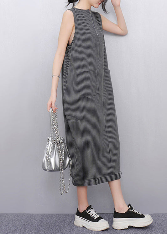Women Dark Grey Striped Pockets Long Dresses Sleeveless