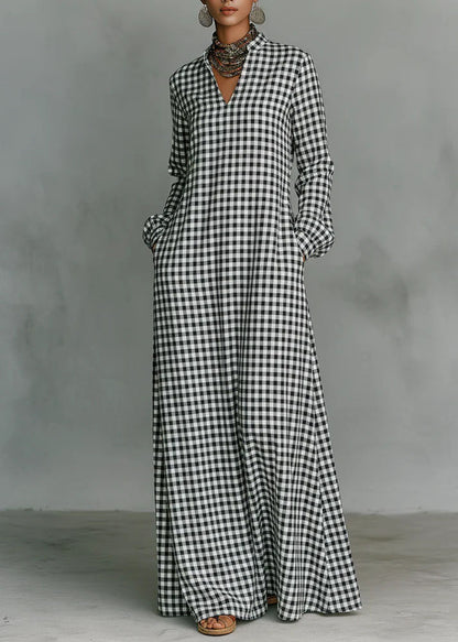 Women Dark Grey V Neck Plaid Pockets Cotton Long Dress Fall