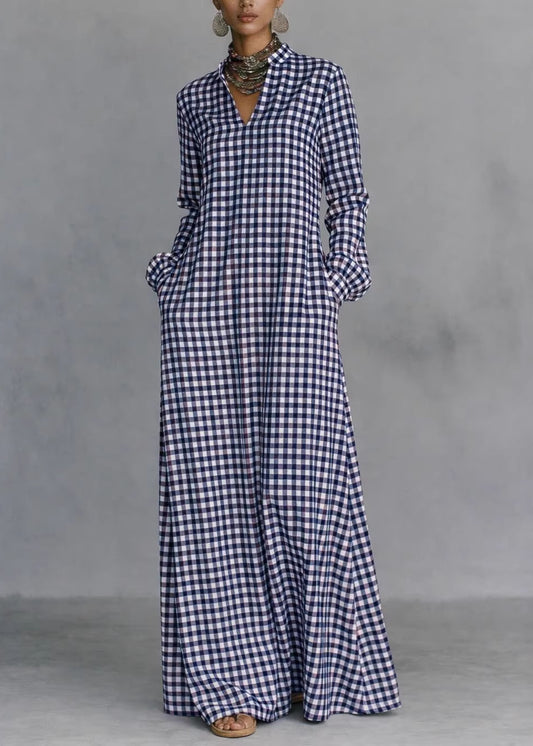 Women Dark Grey V Neck Plaid Pockets Cotton Long Dress Fall