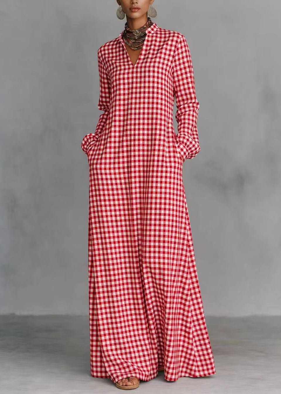 Women Dark Grey V Neck Plaid Pockets Cotton Long Dress Fall