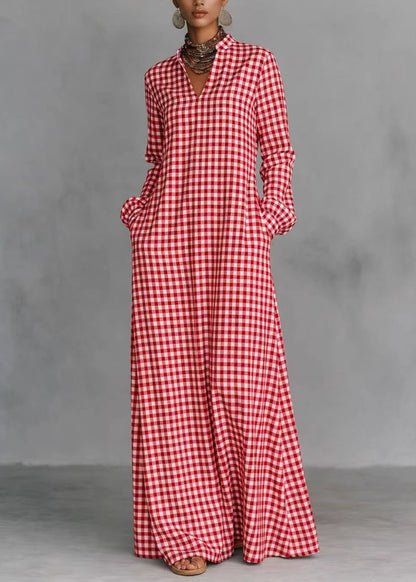 Women Dark Grey V Neck Plaid Pockets Cotton Long Dress Fall