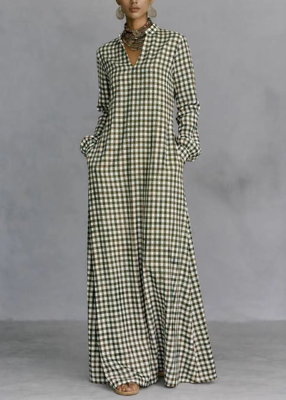 Women Dark Grey V Neck Plaid Pockets Cotton Long Dress Fall