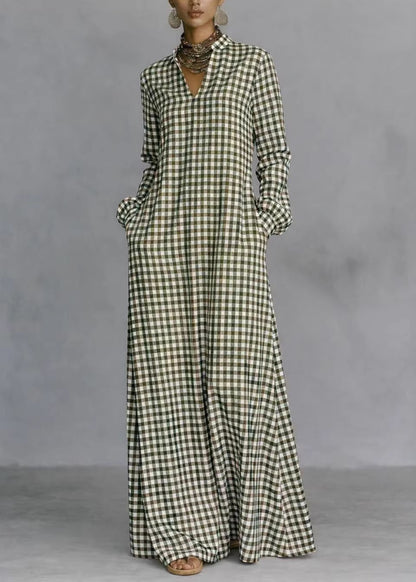 Women Dark Grey V Neck Plaid Pockets Cotton Long Dress Fall
