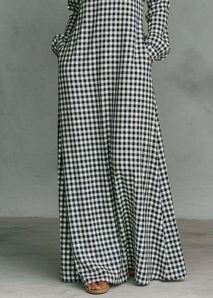 Women Dark Grey V Neck Plaid Pockets Cotton Long Dress Fall