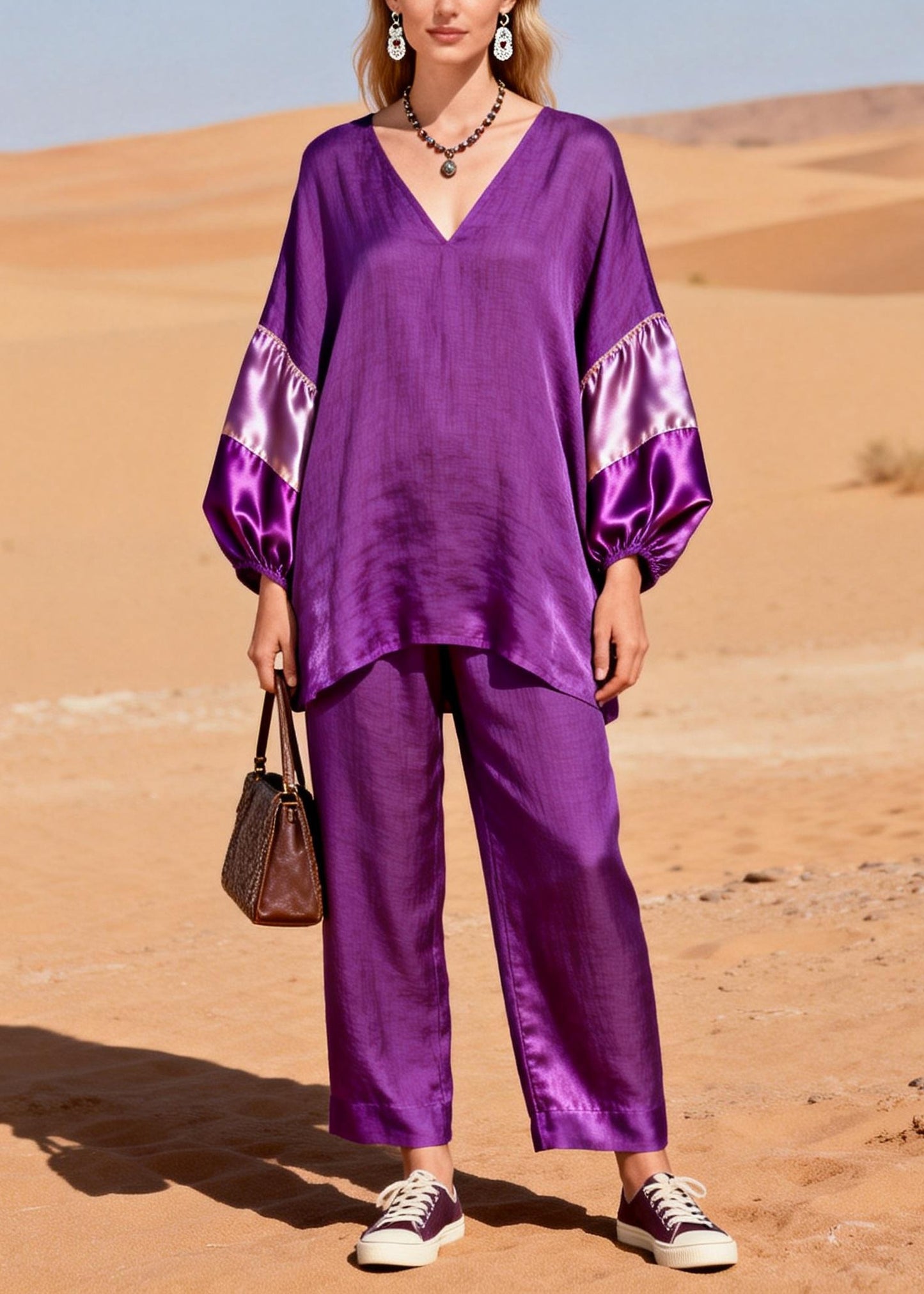 Women Dark Purple Oversized Patchwork Cotton Two Piece Set Spring