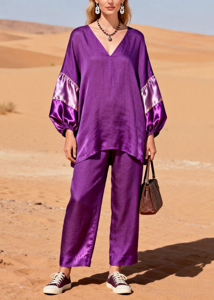 Women Dark Purple Oversized Patchwork Cotton Two Piece Set Spring