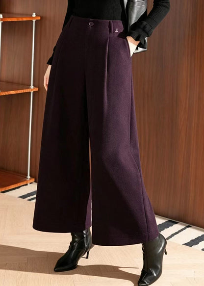 Women Dark Purple Pockets High Waist Woolen Wide Leg Crop Pants Fall