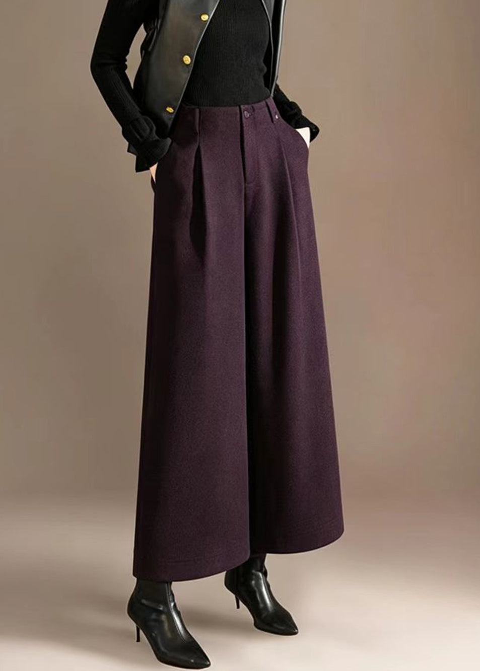 Women Dark Purple Pockets High Waist Woolen Wide Leg Crop Pants Fall