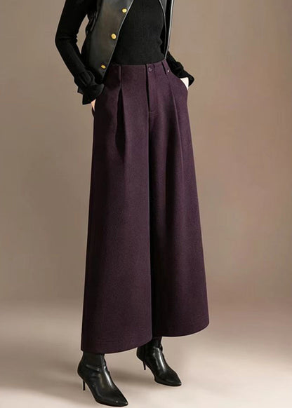 Women Dark Purple Pockets High Waist Woolen Wide Leg Crop Pants Fall