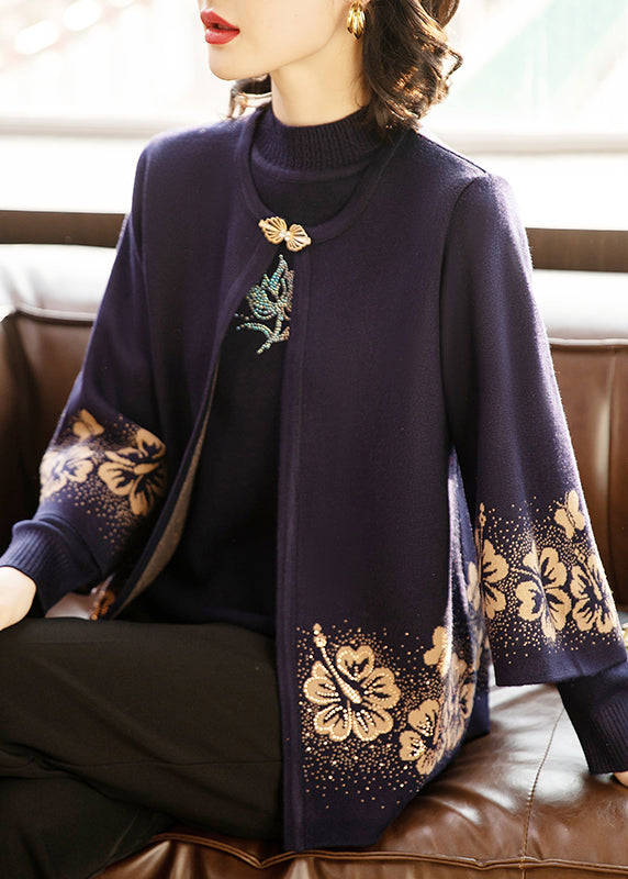 Women Dark Purple Print Cotton Knit Cardigans And Sweaters Two Pieces Set Three Quarter Sleeve