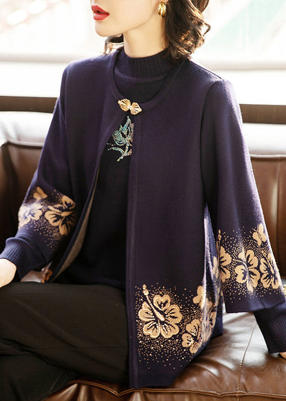 Women Dark Purple Print Cotton Knit Cardigans And Sweaters Two Pieces Set Three Quarter Sleeve