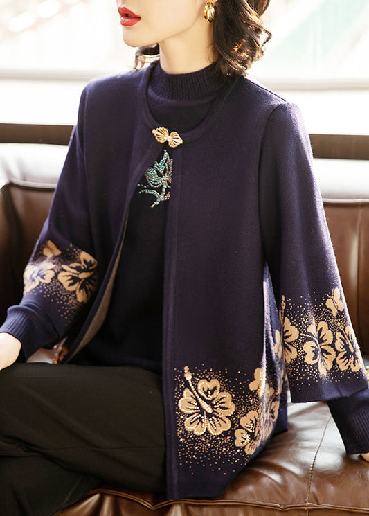 Women Dark Purple Print Cotton Knit Cardigans And Sweaters Two Pieces Set Three Quarter Sleeve