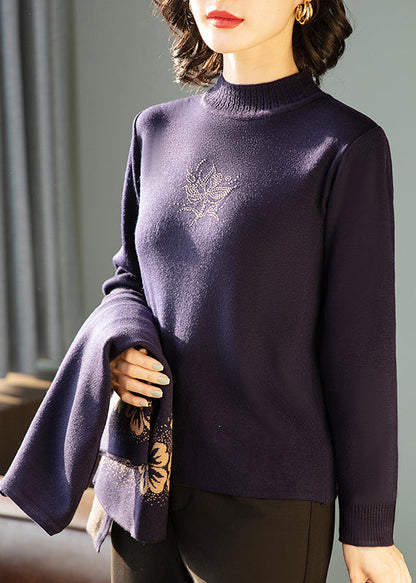 Women Dark Purple Print Cotton Knit Cardigans And Sweaters Two Pieces Set Three Quarter Sleeve