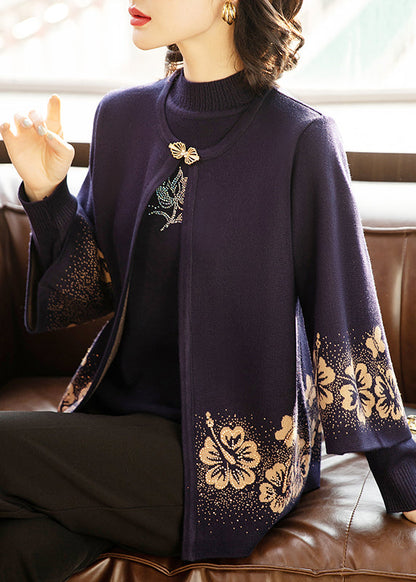 Women Dark Purple Print Cotton Knit Cardigans And Sweaters Two Pieces Set Three Quarter Sleeve