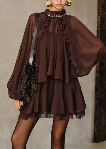 Women Deep Purple Ruffled Chiffon Dress And Cami Slip Two-Pieces Set Fall