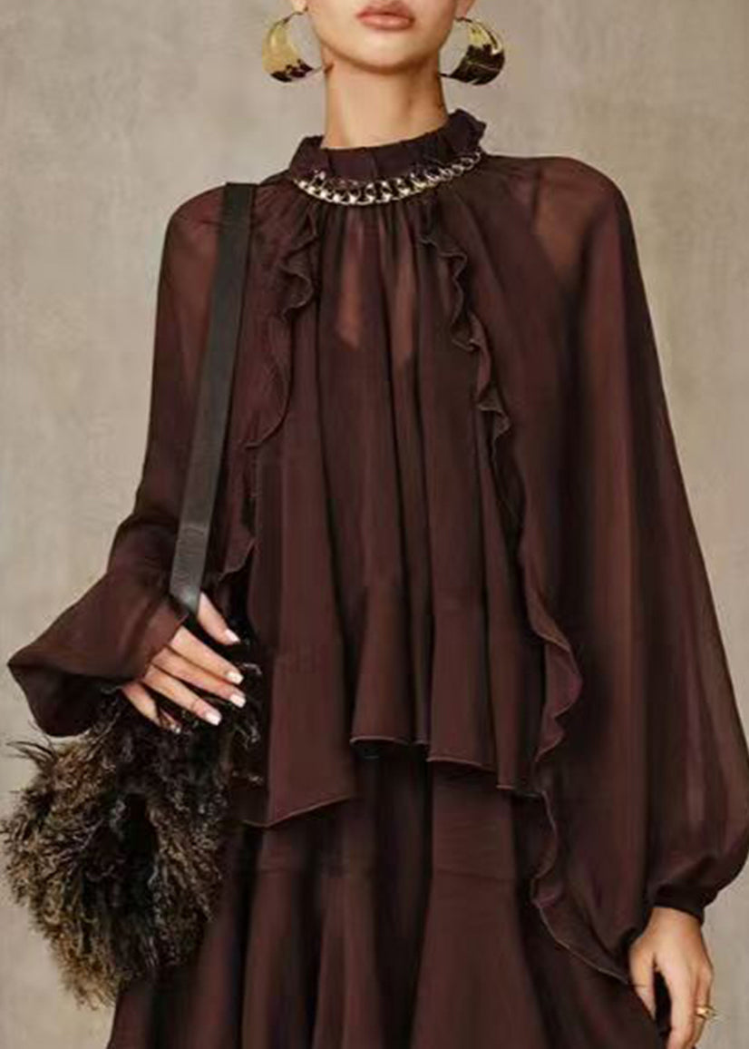 Women Deep Purple Ruffled Chiffon Dress And Cami Slip Two-Pieces Set Fall