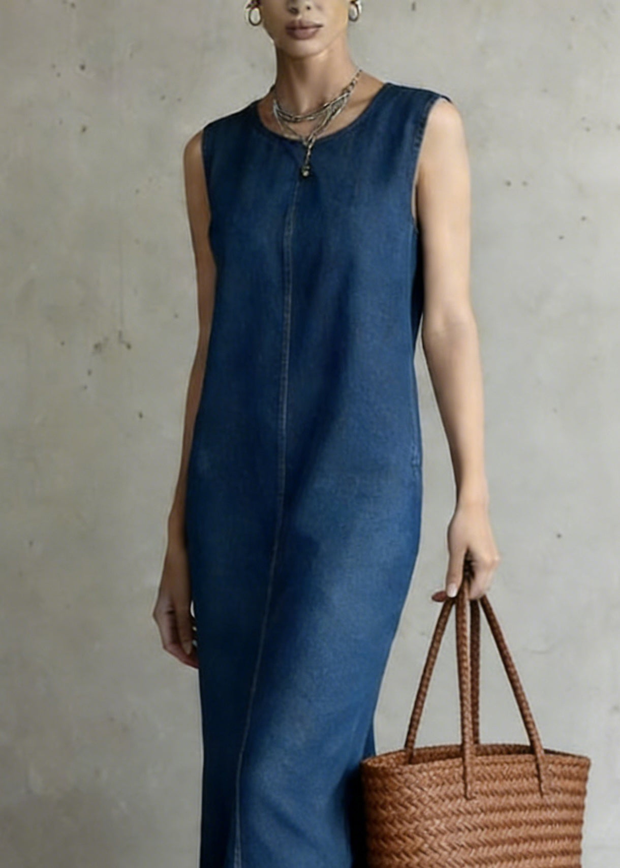 Women Denim Blue O-Neck Patchwork Long Dress Summe