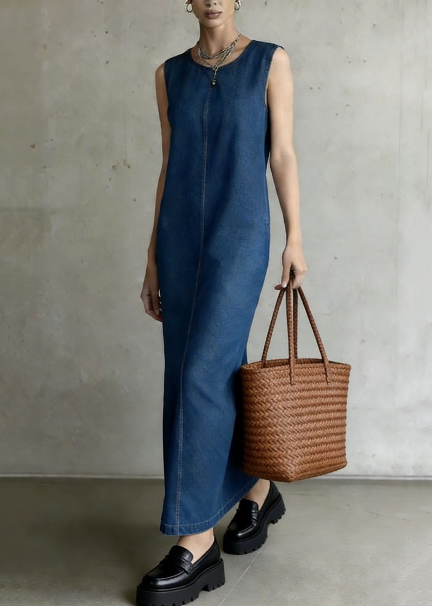 Women Denim Blue O-Neck Patchwork Long Dress Summer