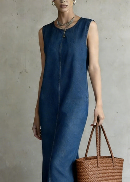 Women Denim Blue O-Neck Patchwork Long Dress Summer