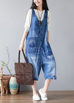 Women Denim Blue V Neck Print Cotton Jumpsuits Ripped Jeans Spring