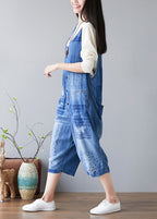 Women Denim Blue V Neck Print Cotton Jumpsuits Ripped Jeans Spring