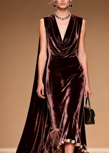 Women Draped Neckline Asymmetrical Floral Patchwork Velvet Dress Sleeveless