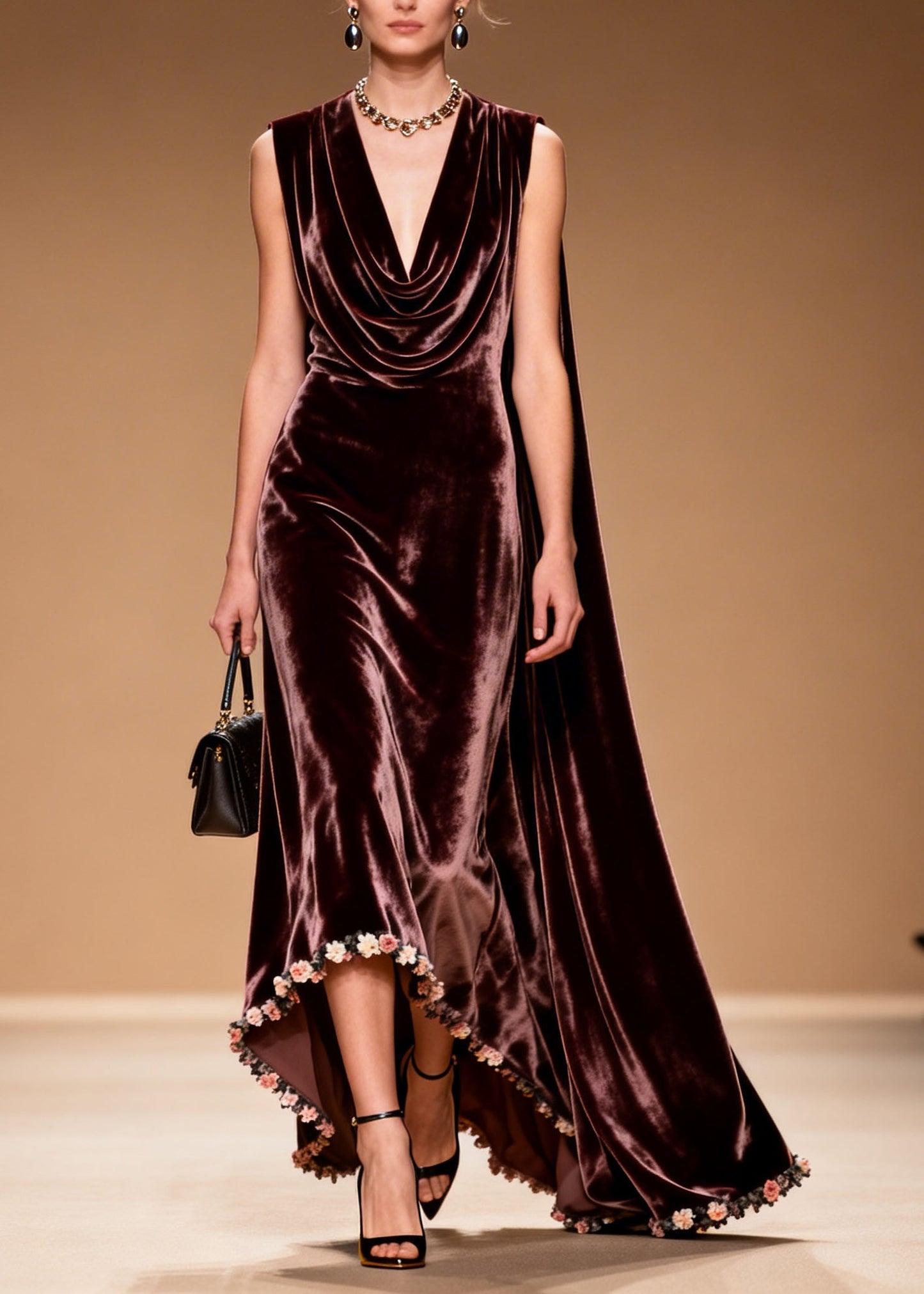 Women Draped Neckline Asymmetrical Floral Patchwork Velvet Dress Sleeveless
