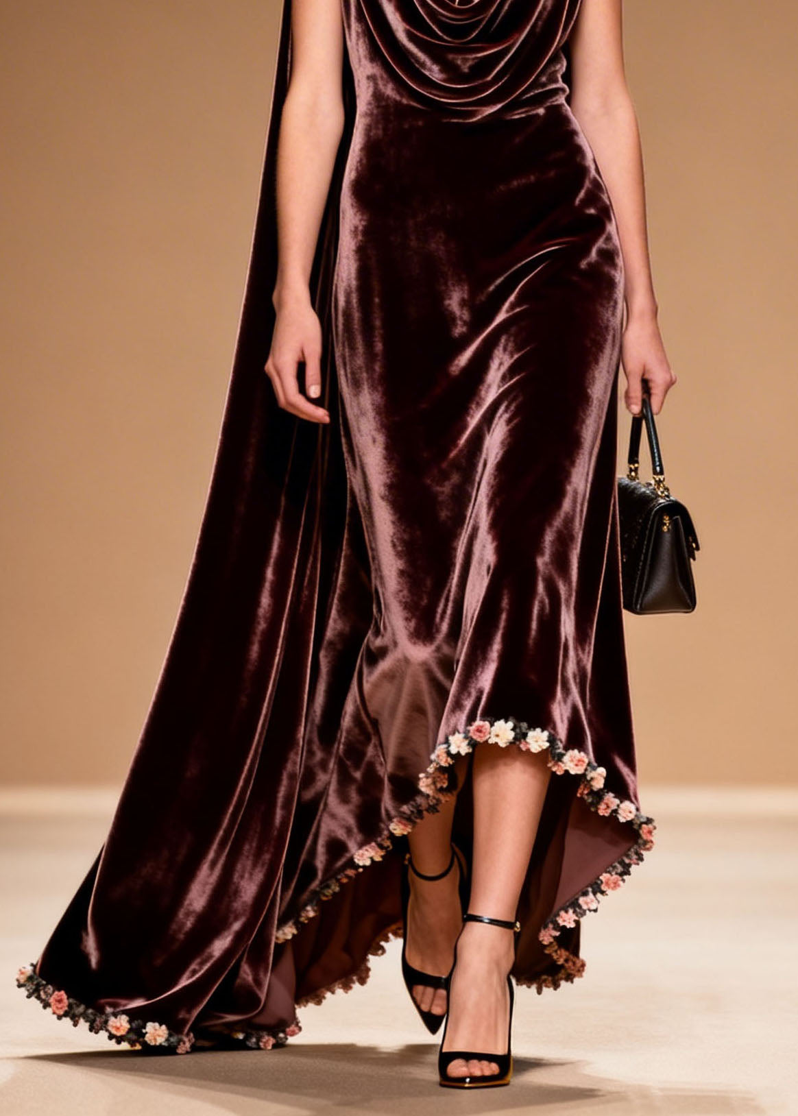 Women Draped Neckline Asymmetrical Floral Patchwork Velvet Dress Sleeveless