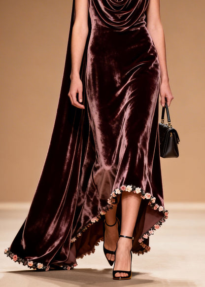 Women Draped Neckline Asymmetrical Floral Patchwork Velvet Dress Sleeveless