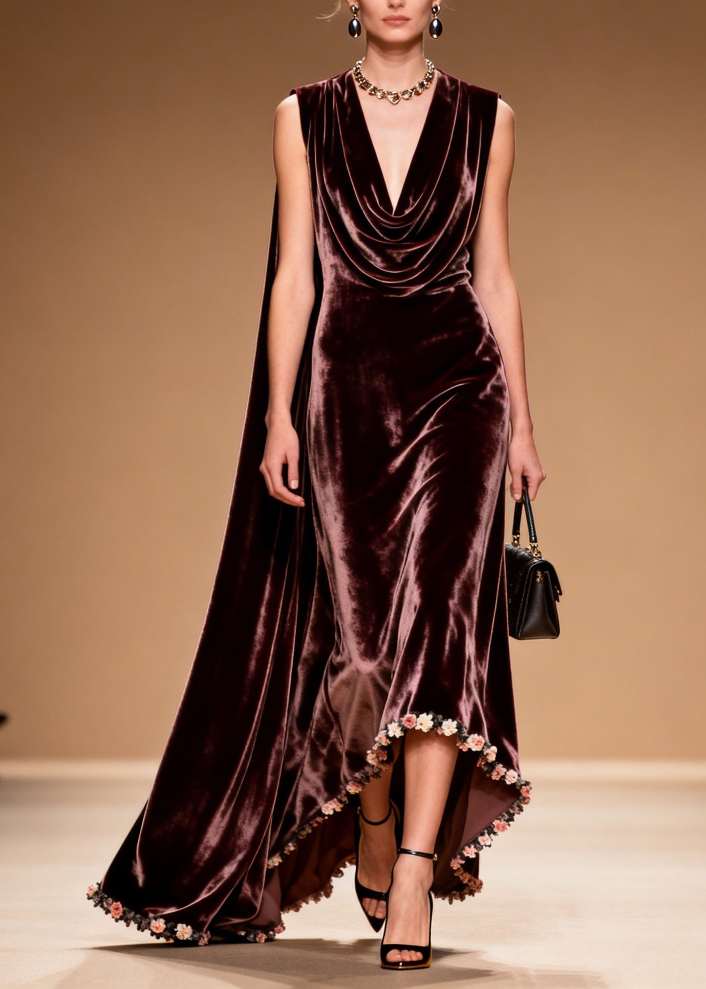Women Draped Neckline Asymmetrical Floral Patchwork Velvet Dress Sleeveless