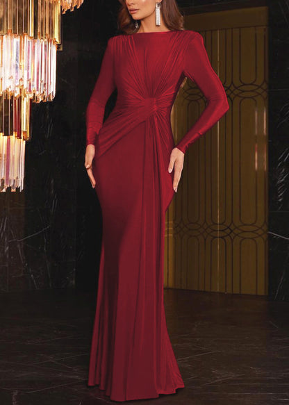 Women Elegant Pink Slim Fit Silk Maxi Dresses Long Sleeve